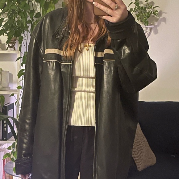 Oversized vintage leather jacket with racing stripe - Picture 4 of 4